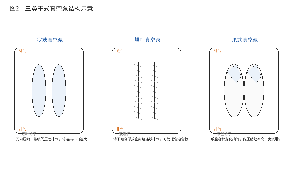罗茨、螺杆、爪式干式真空泵结构示意